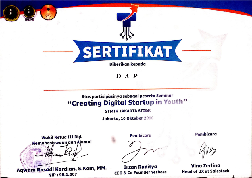 Certificate Creating Digital Startup in Youth