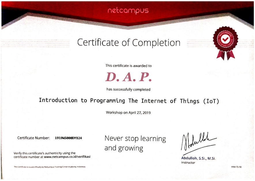 Certificate Introduction to Programming The Internet of Thing (IoT)