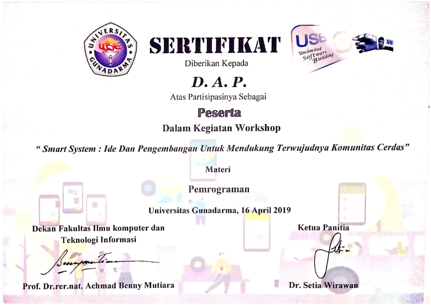 Certificcate Workshop Smart Sytem: Ide Dan Pengembangan Untuk Mendukung Terwujudnya Komunitas Cerdas