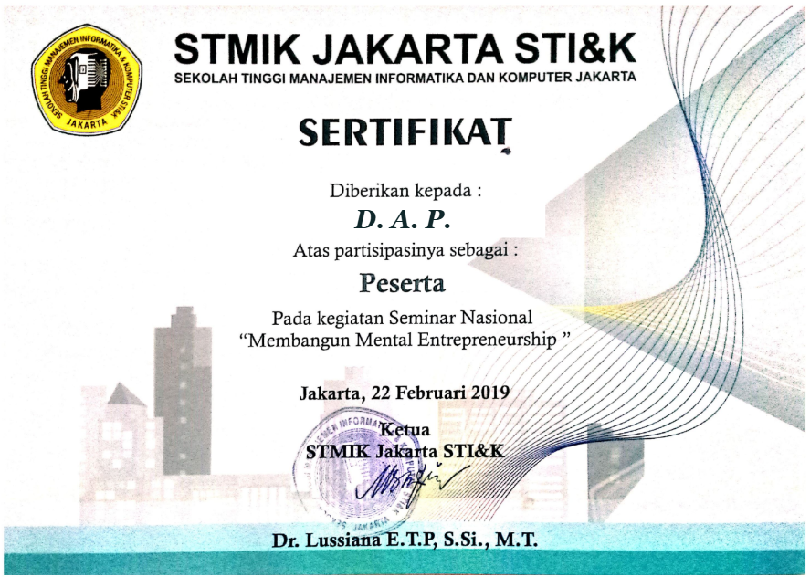Certificate Seminar Nasional Membangun Mental Enterpreneurship